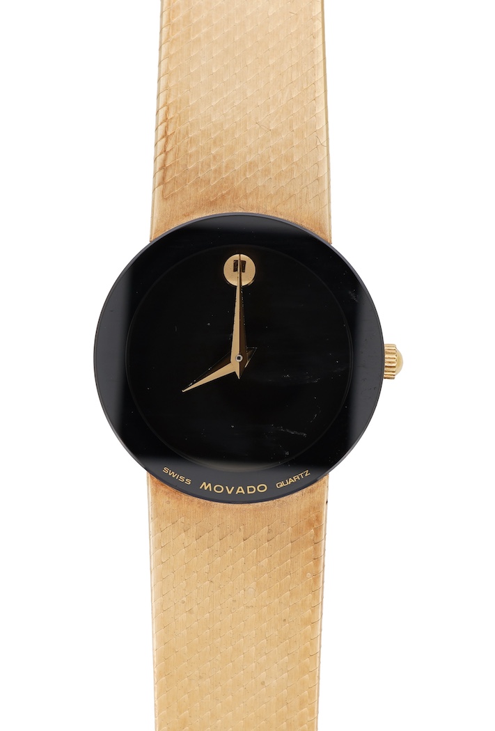 A lady's late 20th century Swiss Movado Museum 14k yellow metal quartz wrist watch, on an integral Italian 14k bracelet